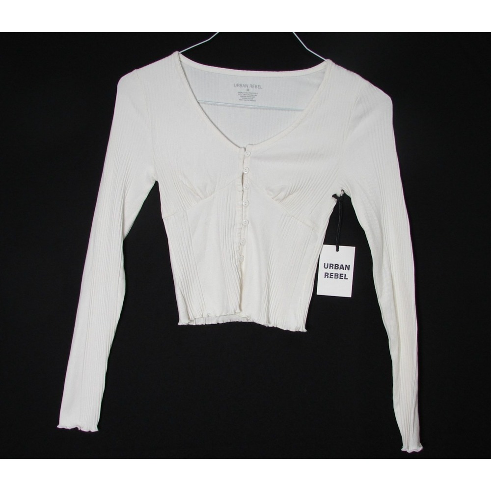 New Urban Rebel Henley Top Ribbed White Long Sleeve Y2K Preppy Boho Sz M Cropped